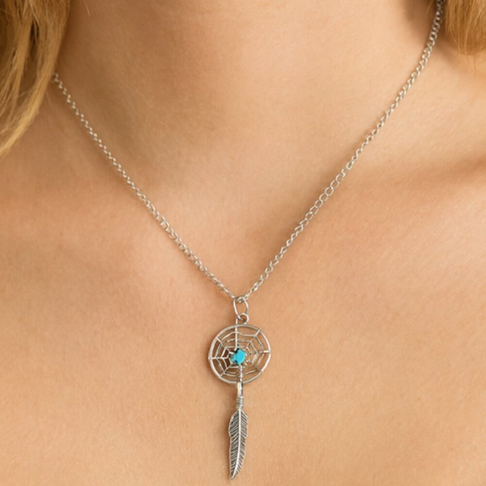Turquoise Dream‎ Catcher Silver Necklace with Feather